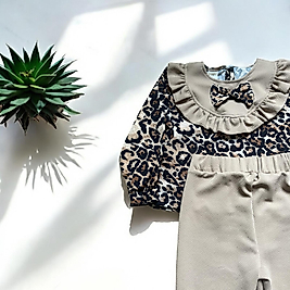 Leopar Desenli Krem Bluzlu Kız Çocuk Takım 2-5 Yaş