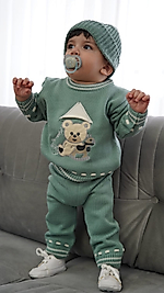 Ayıcıklı Bereli 3'Lü Erkek Bebek Triko Takımı