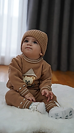 Ayıcıklı Bereli 3'Lü Erkek Bebek Triko Takımı