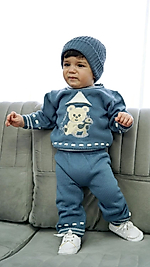 Ayıcıklı Bereli 3'Lü Erkek Bebek Triko Takımı