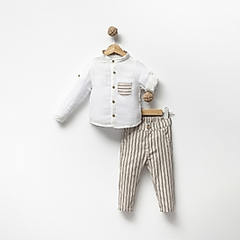 Haki Erkek 1-4 Yaş Çizgili Keten İkili Takım