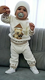 Ayıcıklı Bereli 3'Lü Erkek Bebek Triko Takımı