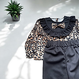 Leopar Desenli Siyah Bluzlu Kız Çocuk Takım 2-5 Yaş