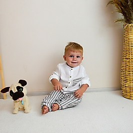 Mavi Erkek 1-4 Yaş Çizgili Keten İkili Takım