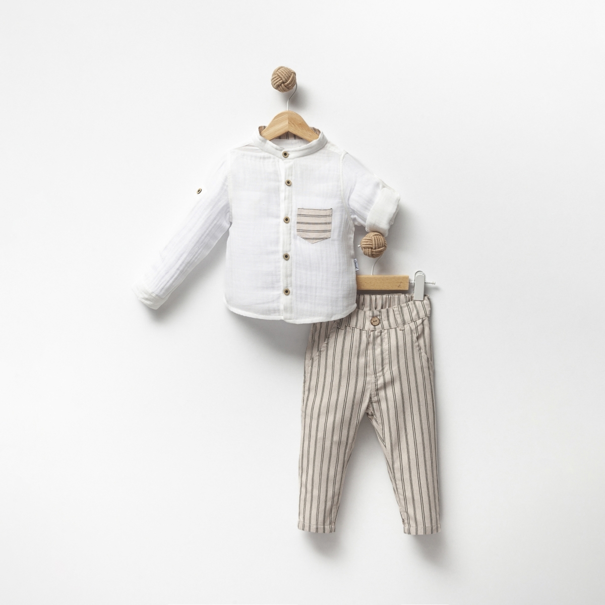 Haki Erkek 1-4 Yaş Çizgili Keten İkili Takım