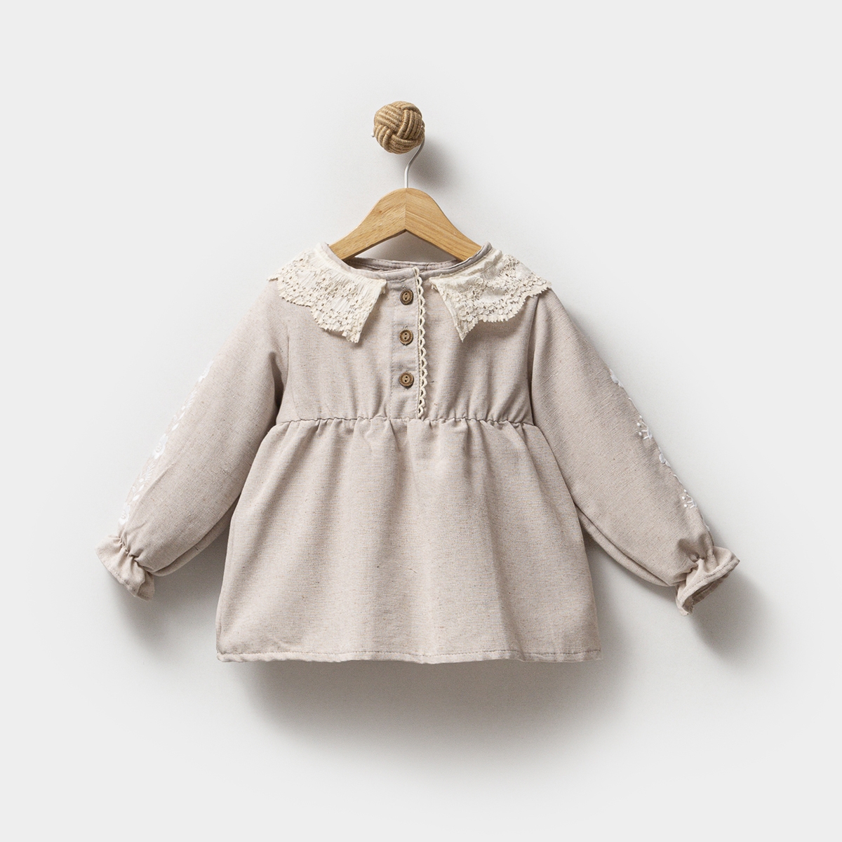 Kız 1-4 Yaş Çiçekli Nakışlı Elbise Bej