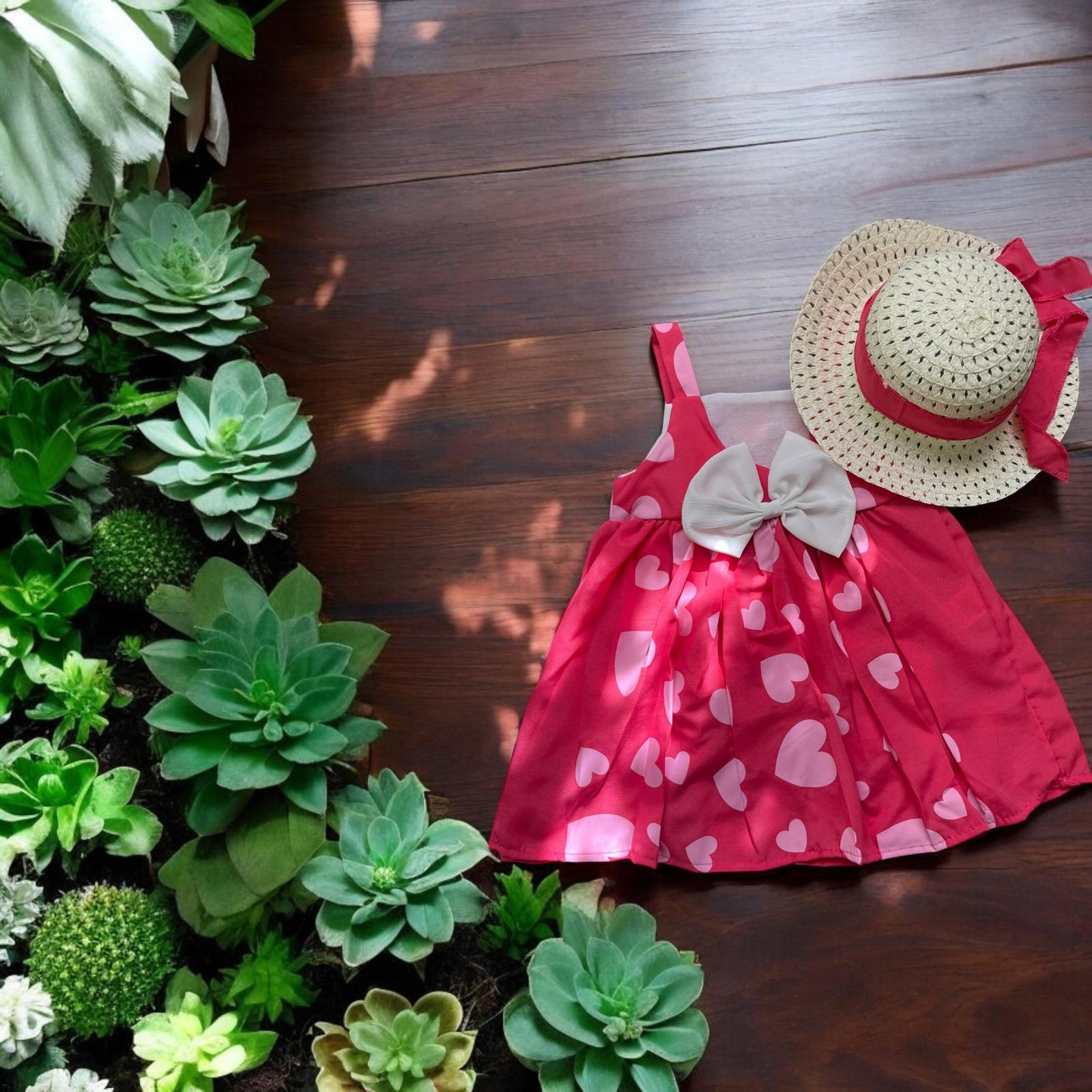 Kırmızı Kalpli Şapkalı Kız Çocuk Elbise  2-5 Yaş