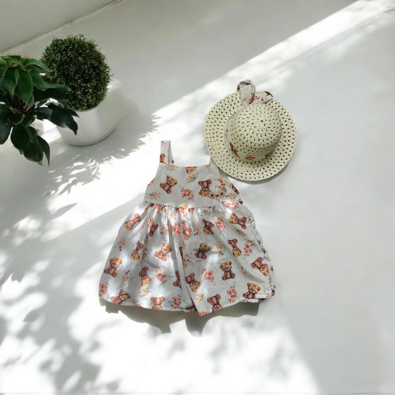 Ayıcık Baskılı Şapkalı Kız Çocuk Elbise 2-5 Yaş