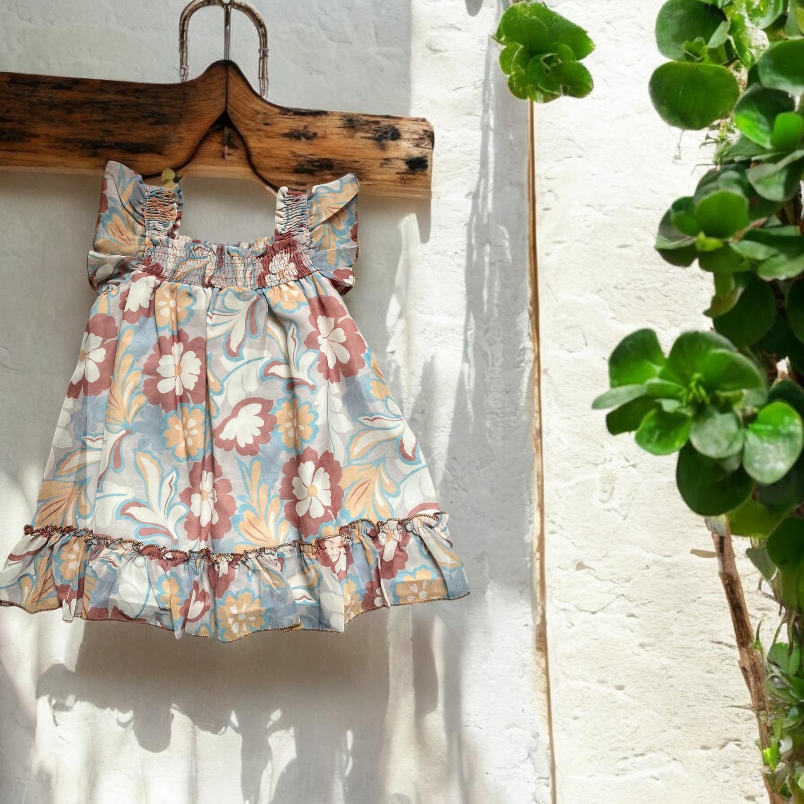 Şifonlu Çiçek Desenli 2-5 Yaş Kız Elbisesi