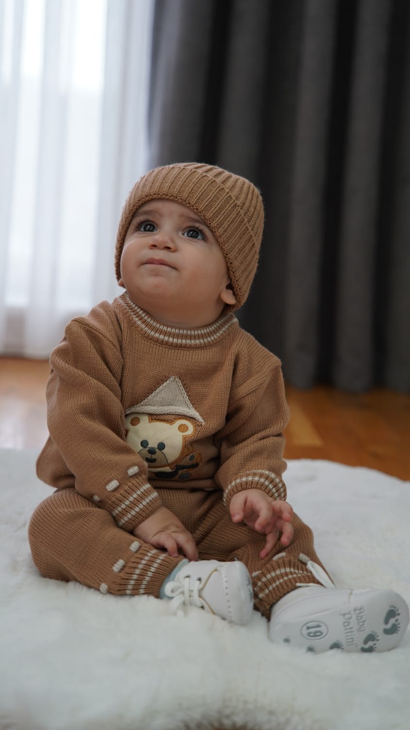 Ayıcıklı Bereli 3'Lü Erkek Bebek Triko Takımı